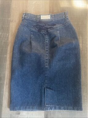 Vintage 1990’s Pulse Navy Denim Pencil Skirt with Embroidered Back